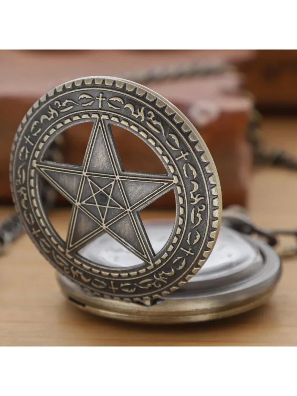 Men's Brown Analog Quartz Arabic Numeral Out Pentagram Chain Dial Pocket Watch